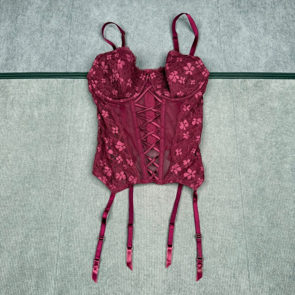 Burgundy Floral Lace Garter Bustier Corset y2k Top Sheer Mesh Burgundy Red vtg